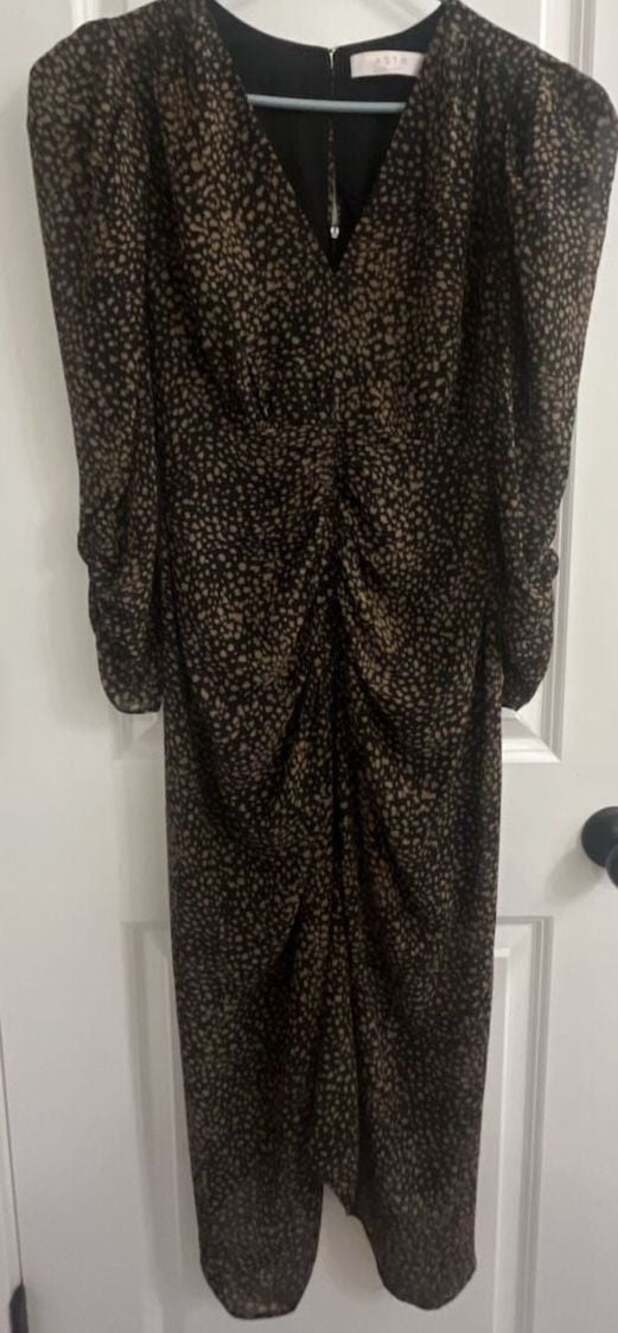 ASTR the Label Ruched Front Long Sleeve Midi Dress black and brown